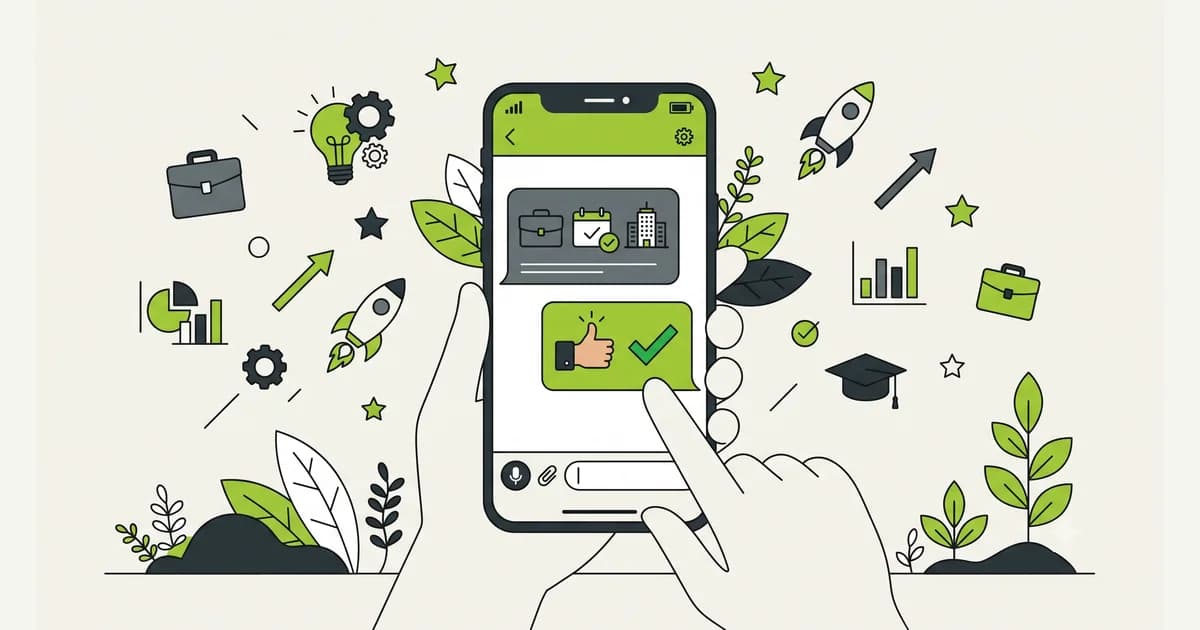 Ilustrasi layar ponsel menampilkan percakapan balasan undangan interview kerja di aplikasi pesan