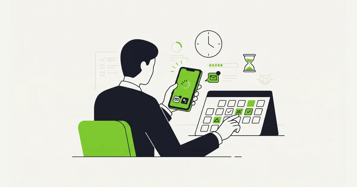 Ilustrasi seseorang menunggu kabar hasil interview kerja sambil memeriksa ponsel dan kalender