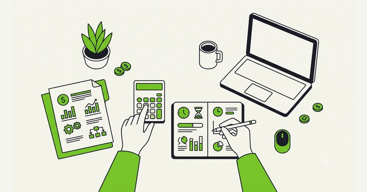 Ilustrasi freelancer menghitung tarif jasa dengan kalkulator, catatan jam kerja, dan draf penawaran harga di atas meja