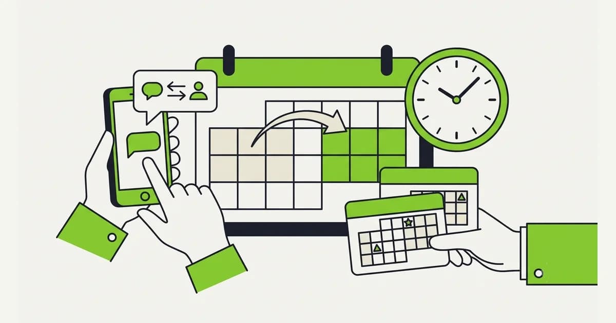Diagram empat bagian pesan reschedule interview: sapaan dan konteks, permintaan maaf singkat, alasan wajar, dan tawaran dua atau tiga alternatif waktu