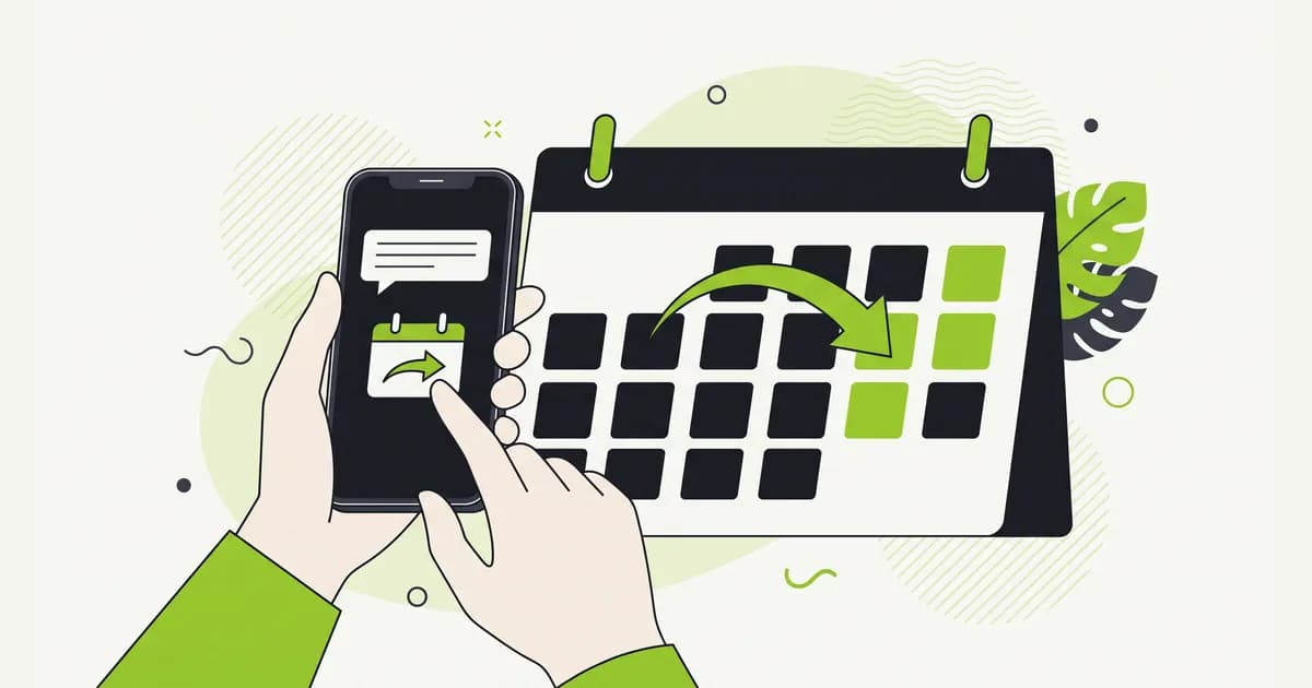 Ilustrasi seseorang meminta pergeseran jadwal interview lewat ponsel, digambarkan dengan kalender dan panah memindahkan jadwal ke hari lain