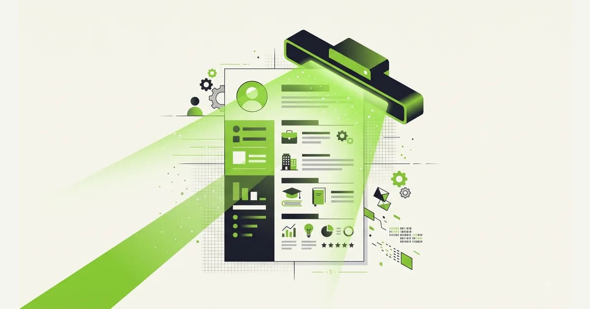 Ilustrasi dokumen CV yang dipindai oleh sinar pemindai abstrak, merepresentasikan proses Applicant Tracking System membaca dan menilai CV