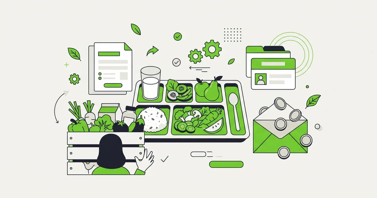 Ilustrasi flat nampan makanan bergizi berisi nasi, sayur, buah, susu, peti antar, dan amplop gaji