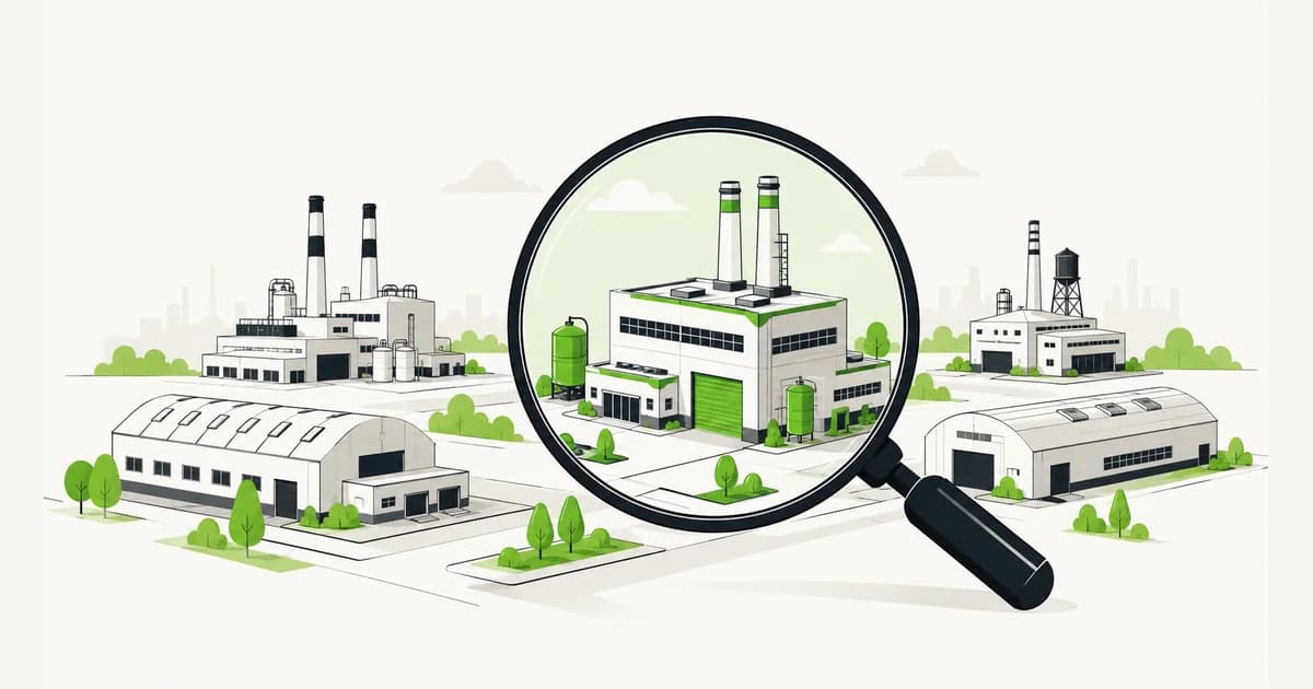 Ilustrasi gedung-gedung pabrik kawasan industri dengan kaca pembesar menyorot salah satu bangunan, melambangkan verifikasi perusahaan sebelum melamar