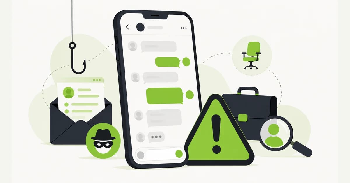 Ilustrasi tanda peringatan segitiga di layar ponsel menampilkan chat lowongan kerja mencurigakan, melambangkan modus penipuan loker