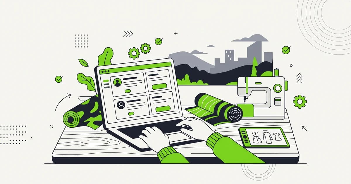 Ilustrasi flat pencari kerja menelusuri kartu lowongan di laptop dengan gulungan kain, mesin jahit, dan tablet desain sebagai simbol industri kreatif