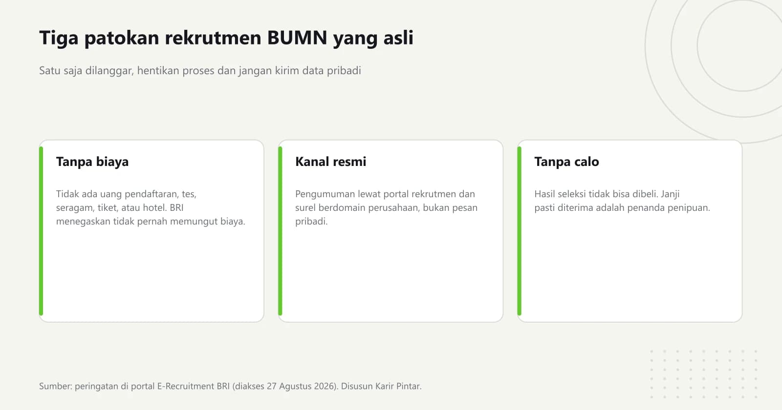 Tiga kartu patokan rekrutmen BUMN: tanpa biaya apa pun, pengumuman hanya lewat kanal resmi perusahaan, dan tidak ada calo maupun jaminan lolos