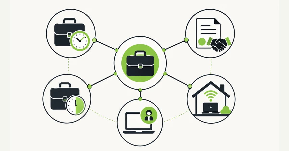 Diagram lima jenis lowongan kerja yaitu penuh waktu, kontrak, paruh waktu, lepas, dan remote dengan ikon berbeda untuk tiap jenis