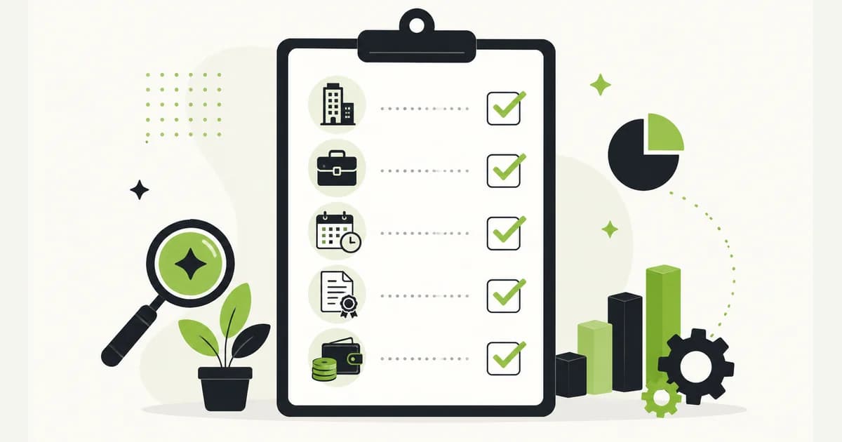Ilustrasi daftar periksa berisi ikon identitas perusahaan, jabatan, masa berlaku, syarat, dan upah untuk menilai lowongan kerja