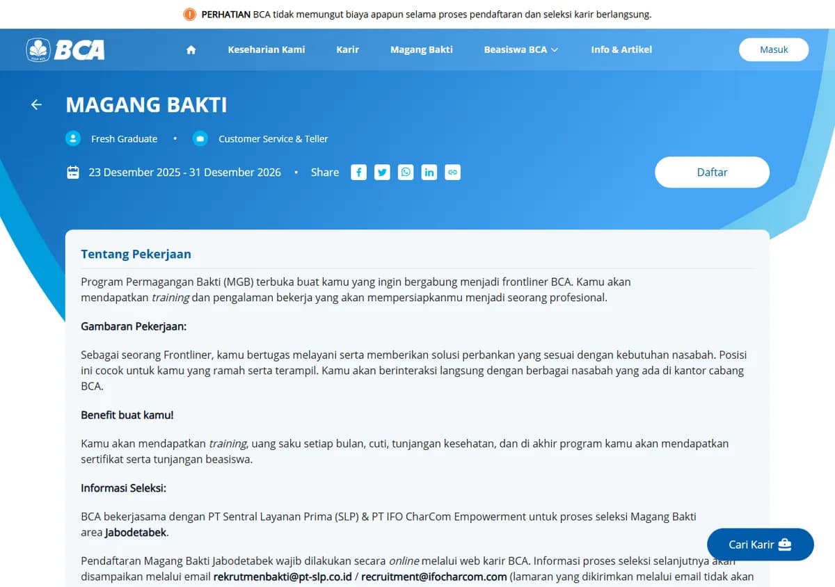 Tangkapan layar halaman lowongan Magang Bakti di karir.bca.co.id dengan periode 23 Desember 2025 sampai 31 Desember 2026, tombol Daftar, dan bagian Tentang Pekerjaan yang menyebut Program Permagangan Bakti (MGB)