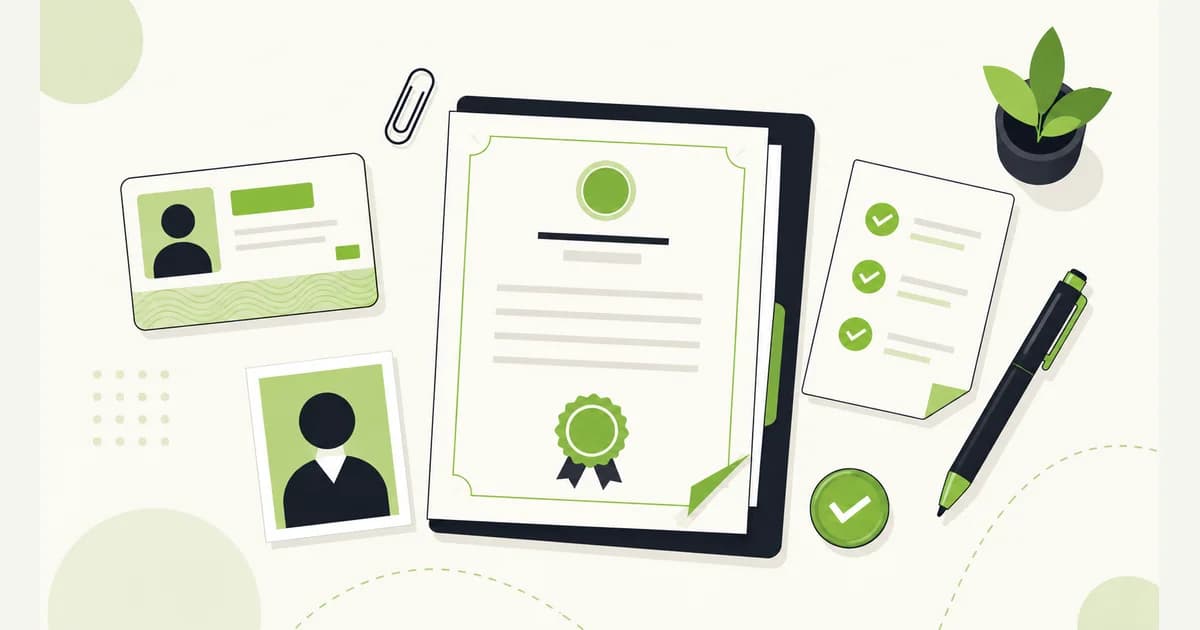 Ilustrasi dokumen persyaratan pendaftaran magang seperti kartu identitas, ijazah, dan pas foto tersusun rapi