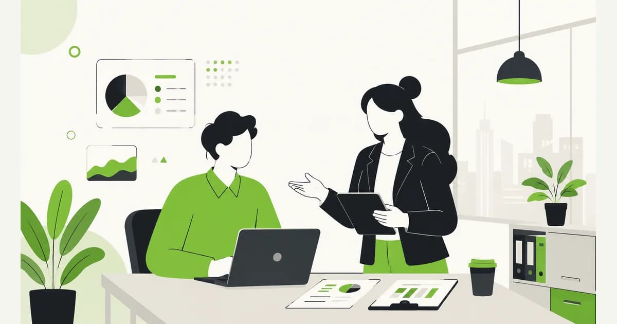 Ilustrasi peserta magang dan mentor berdiskusi di ruang kerja kantor