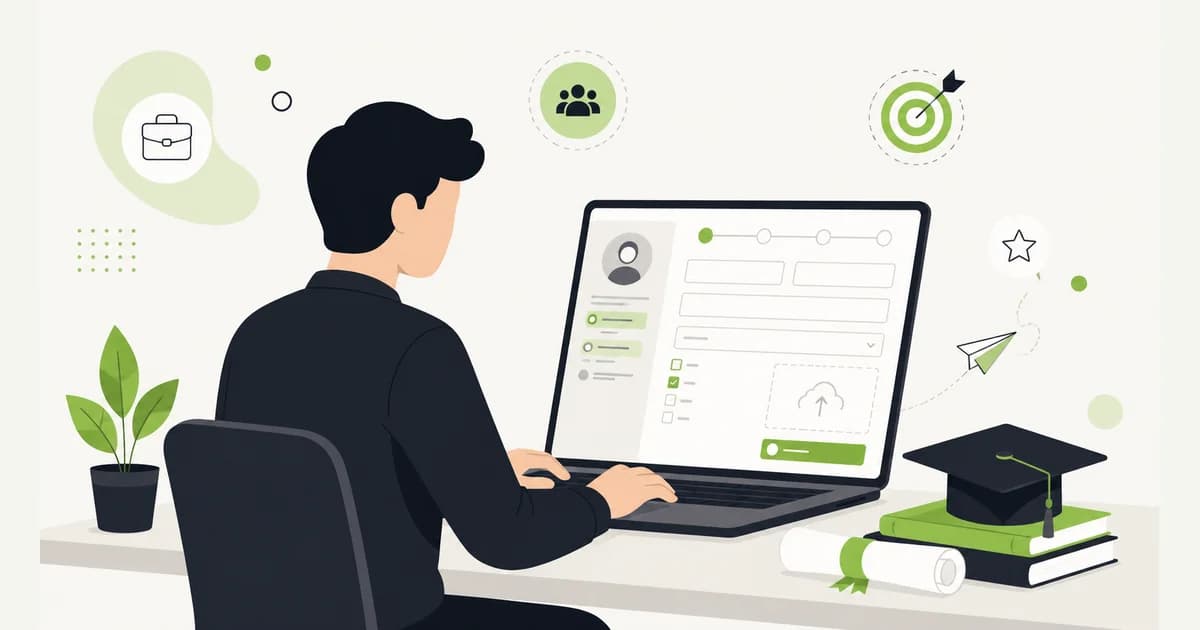 Ilustrasi lulusan perguruan tinggi mengisi formulir pendaftaran magang secara online di laptop