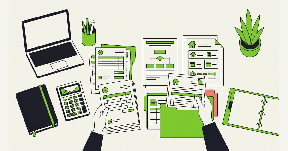 Ilustrasi meja kerja freelancer dengan kalkulator, invoice, dan dokumen pajak yang sedang disusun untuk pelaporan SPT tahunan
