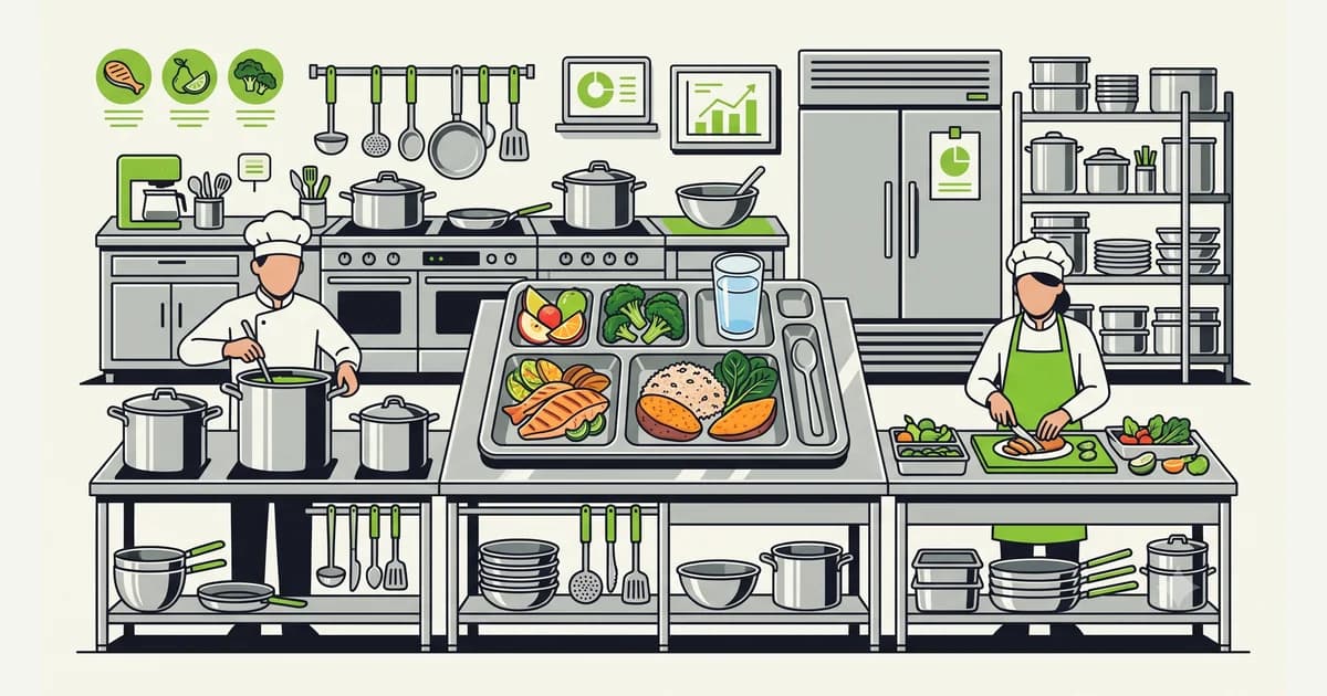 Ilustrasi dapur pelayanan gizi dengan baki makanan bergizi dan peralatan masak stainless yang tertata rapi
