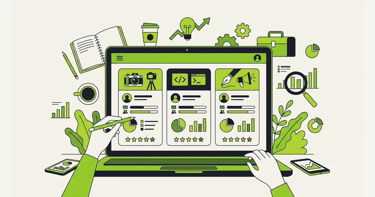 Ilustrasi layar laptop menampilkan beberapa marketplace jasa freelance yang dibandingkan berdampingan