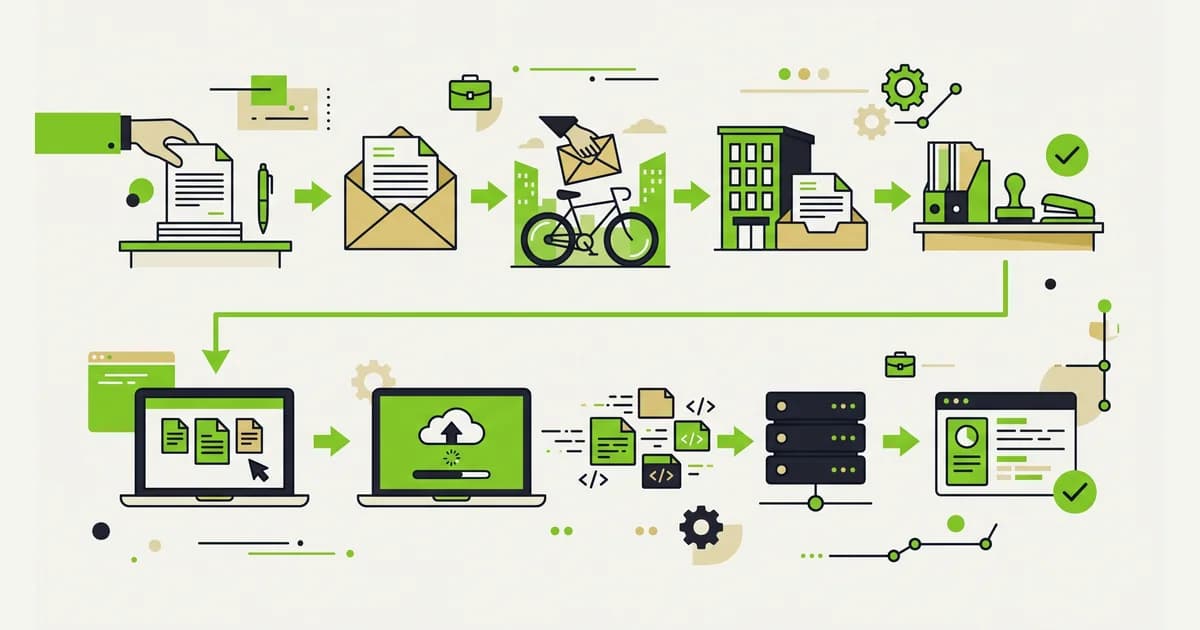 Diagram dua jalur lamaran kerja, satu jalur berkas fisik yang diserahkan langsung dan satu jalur berkas digital yang diunggah