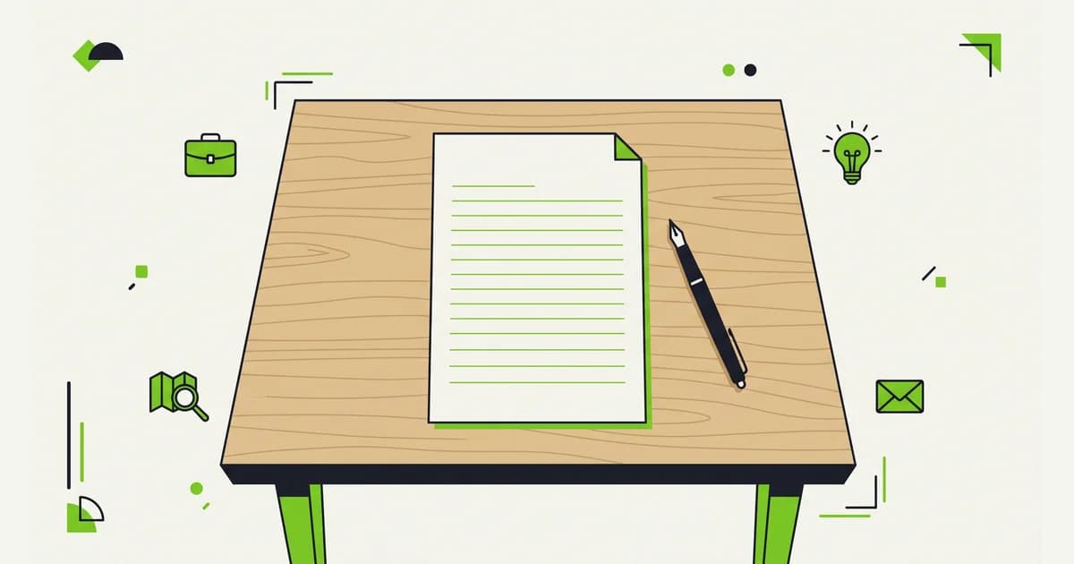 Ilustrasi kertas folio bergaris kosong dengan pulpen tinta hitam di atas meja kayu, siap dipakai menulis surat lamaran kerja