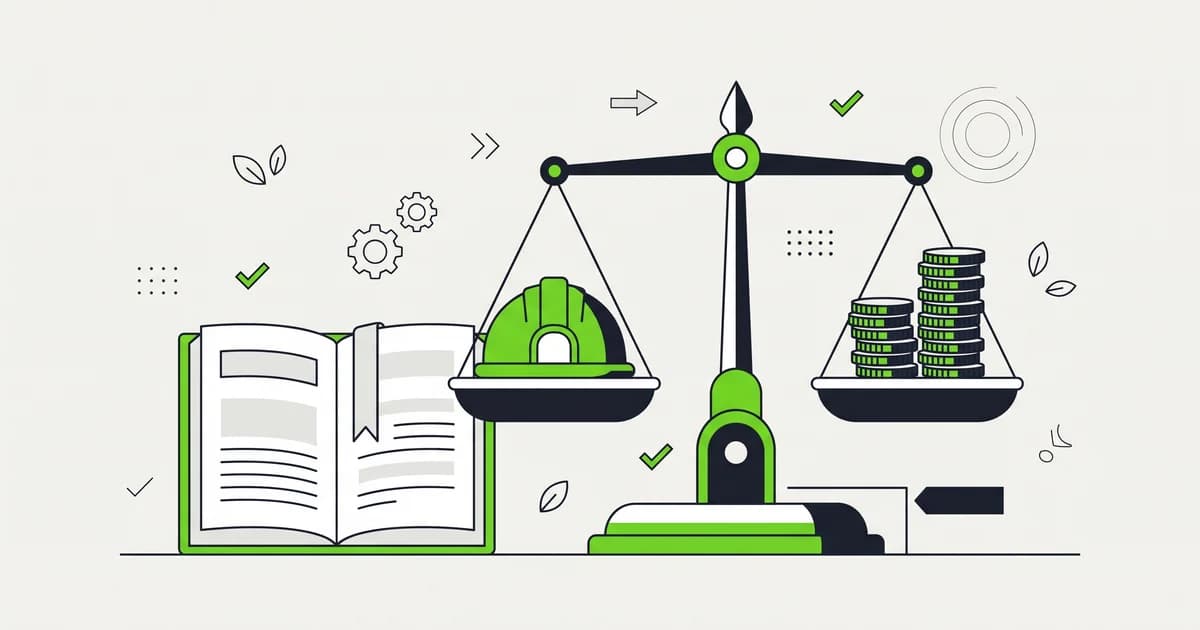 Ilustrasi flat timbangan dengan helm pekerja dan tumpukan koin, buku aturan, dan garis batas minimum
