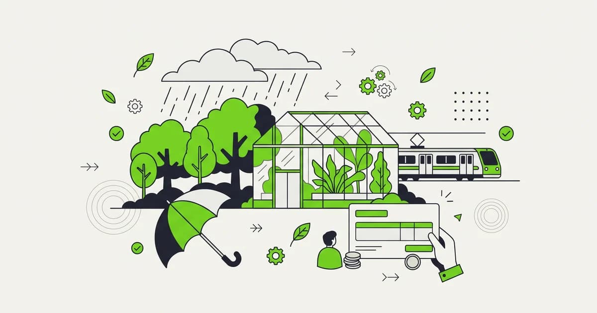 Ilustrasi flat awan hujan di atas pepohonan rimbun dan rumah kaca, kereta komuter, payung, slip gaji, dan koin