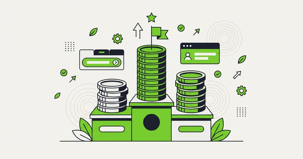 Ilustrasi flat podium dengan tiga tumpukan koin berbeda tinggi, yang tertinggi berbendera kecil