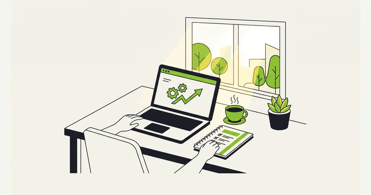 Ilustrasi meja kerja rapi dengan laptop terbuka, buku catatan, cangkir kopi, dan tanaman kecil di dekat jendela