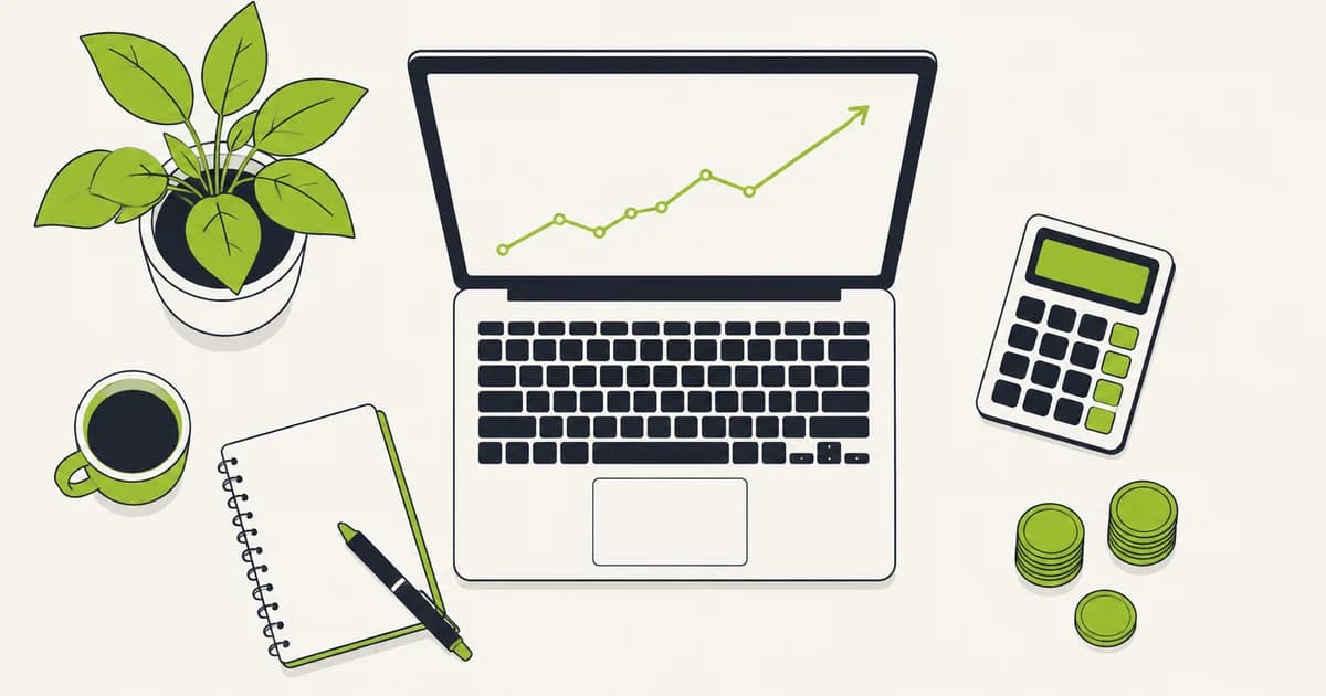 Ilustrasi meja kerja freelancer dari atas: laptop menampilkan grafik naik, kalkulator, dan tumpukan koin