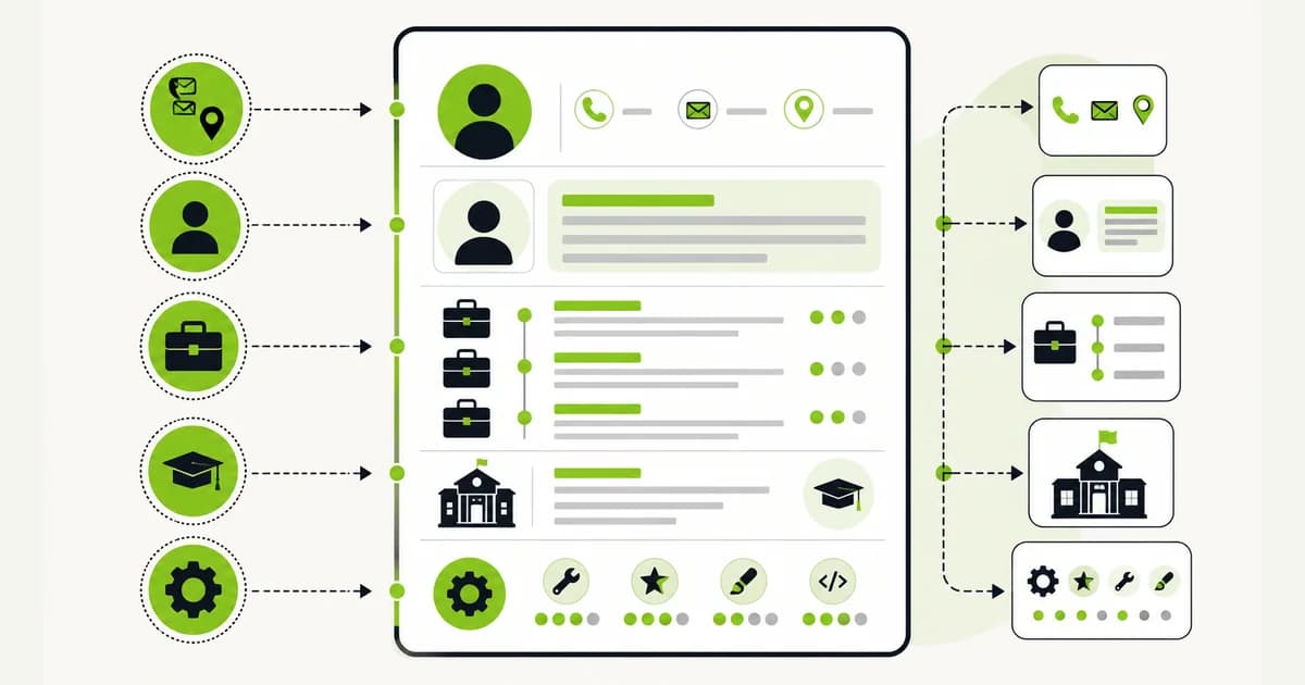 Diagram susunan CV lamaran kerja dari kontak, ringkasan profil, pengalaman kerja, pendidikan, sampai keterampilan