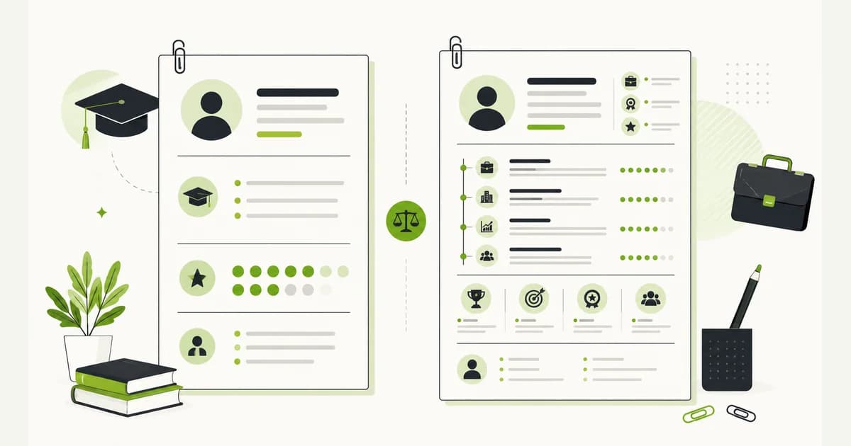 Ilustrasi dua lembar CV berdampingan yang membandingkan versi untuk fresh graduate dan versi untuk kandidat berpengalaman