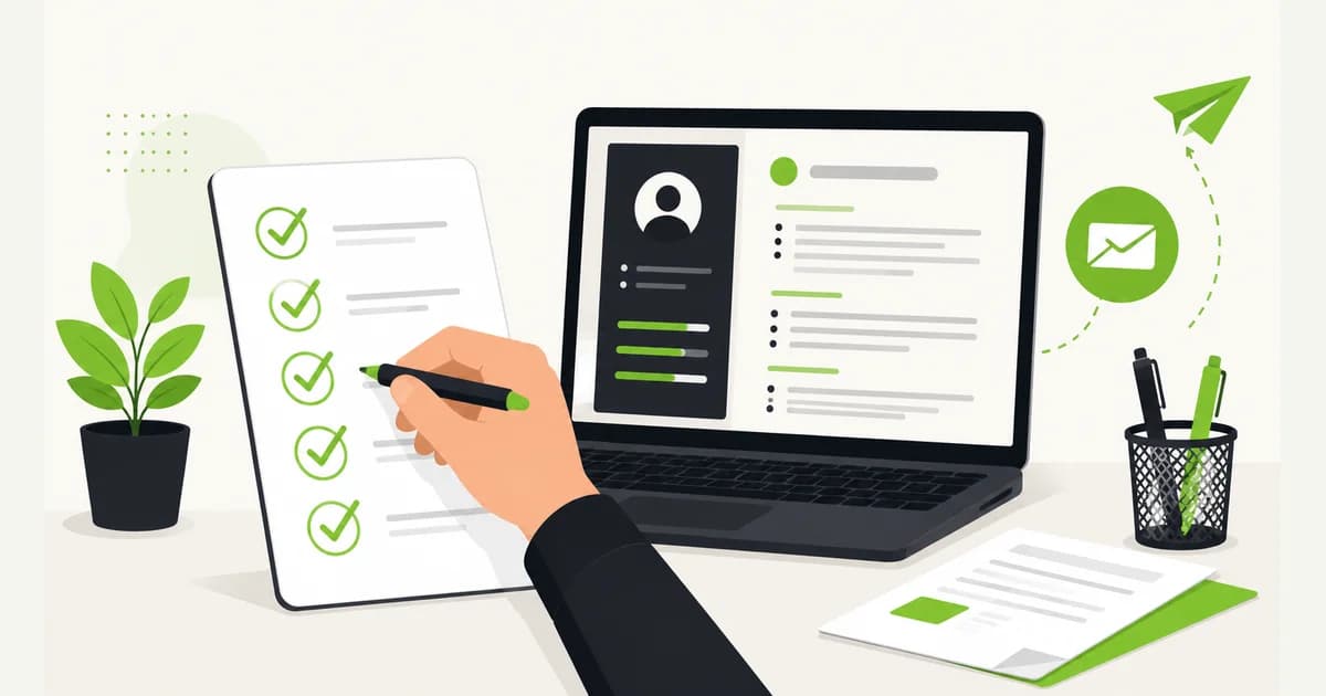 Ilustrasi tangan mencentang daftar periksa di samping laptop sebelum mengirim CV lamaran kerja