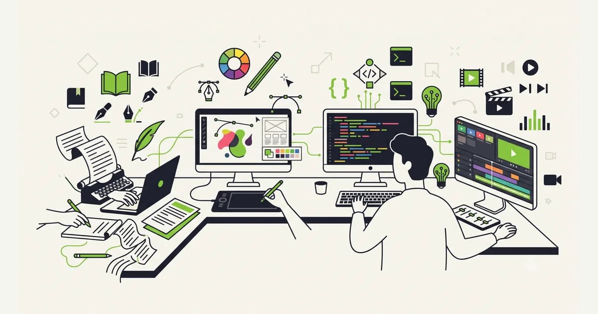 Ilustrasi berbagai jenis pekerjaan freelance yang dikerjakan dari meja kerja, mulai dari menulis, desain, pemrograman, sampai penyuntingan video