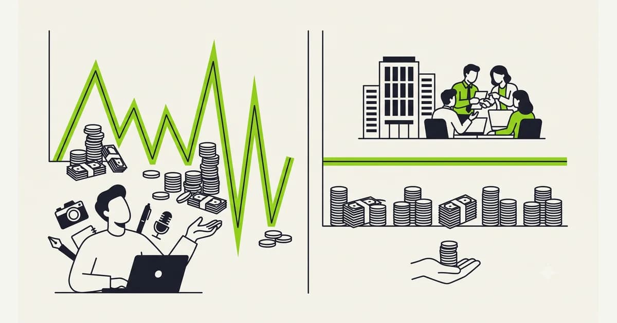 Grafik sederhana yang membandingkan penghasilan freelance yang naik turun tiap bulan dengan gaji karyawan tetap yang datar