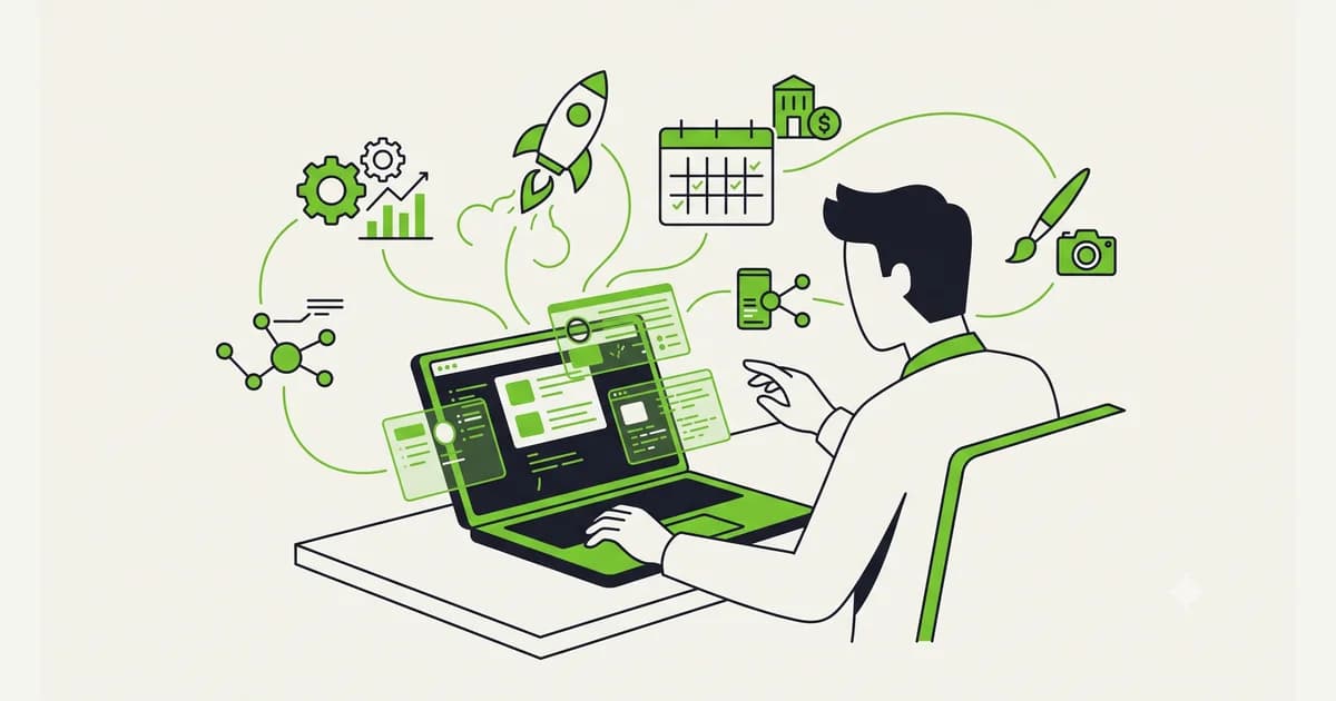 Ilustrasi seorang freelancer bekerja dengan laptop dan beberapa proyek klien berjalan bersamaan