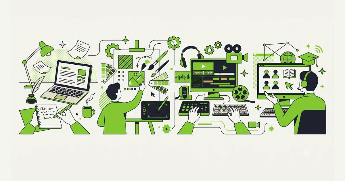 Ilustrasi berbagai jenis pekerjaan freelance yang bisa dikerjakan pelajar meliputi menulis, desain poster, mengedit video, dan mengajar daring