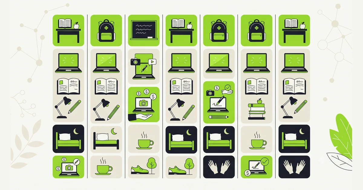Ilustrasi jadwal mingguan pelajar yang membagi waktu antara jam sekolah, belajar, istirahat, dan blok kerja freelance yang kecil