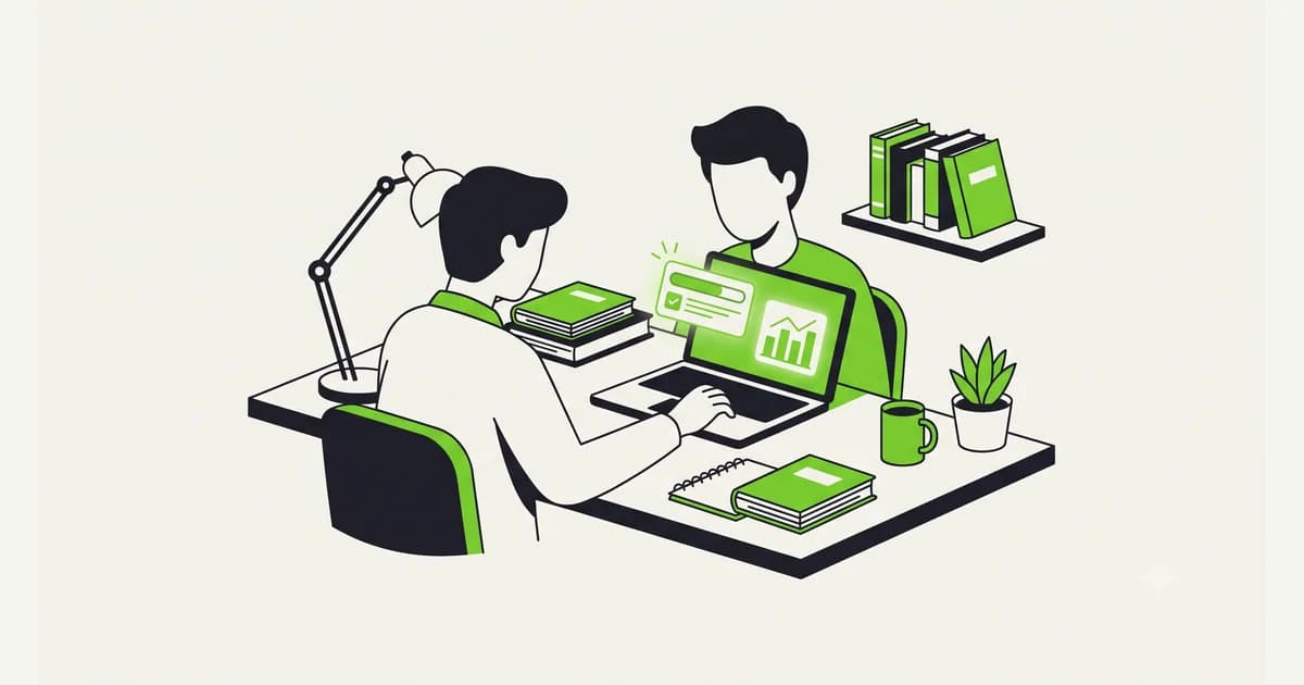 Ilustrasi pelajar mengerjakan proyek freelance dengan laptop di meja belajar bersama buku pelajaran