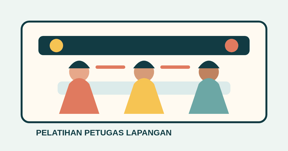 Ilustrasi sesi pelatihan beberapa petugas survei dengan tablet, peta, dan buku catatan