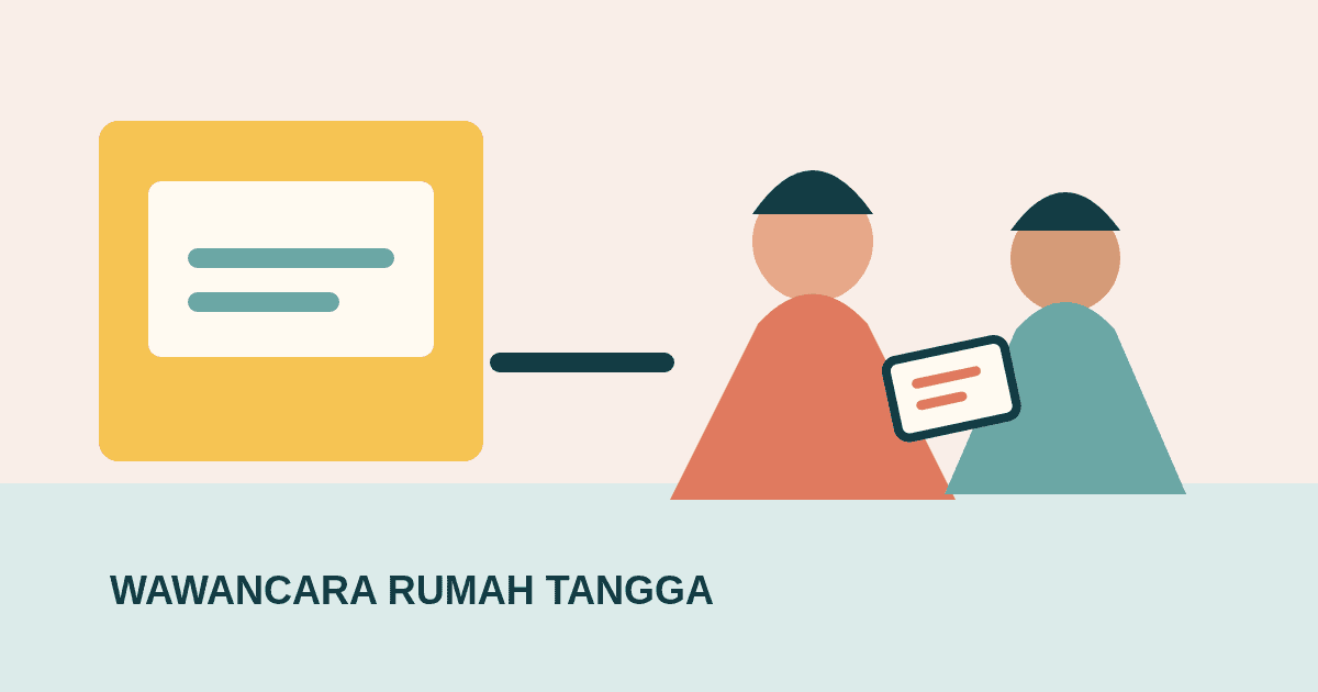 Ilustrasi petugas survei melakukan wawancara rumah tangga dengan tablet di depan rumah