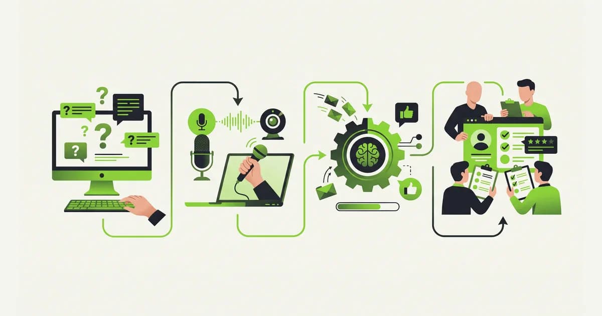 Diagram alur interview AI: pertanyaan muncul di layar, kandidat merekam jawaban, lalu rekaman dinilai sistem dan ditinjau tim rekrutmen