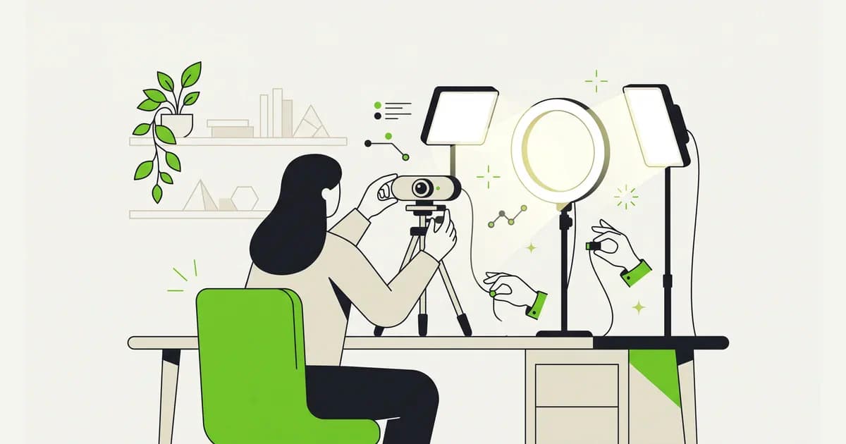 Ilustrasi pengaturan tempat merekam interview AI dengan pencahayaan menghadap wajah, latar rapi, dan kamera setinggi mata
