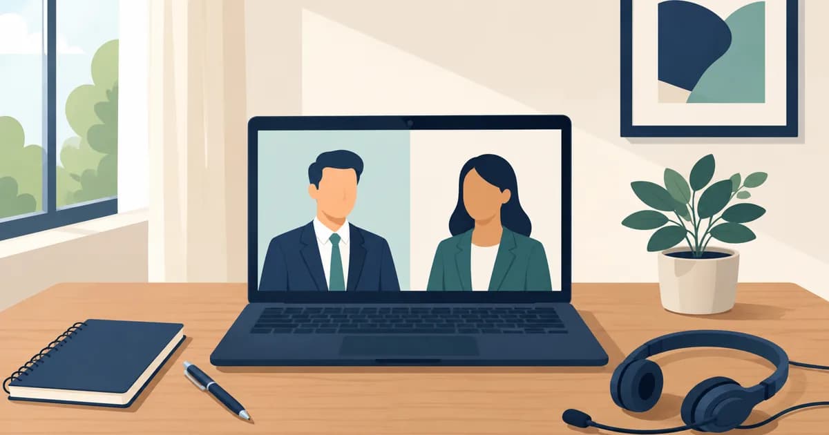 Ilustrasi interview online: layar laptop menampilkan panggilan video wawancara kerja di meja kerja yang rapi