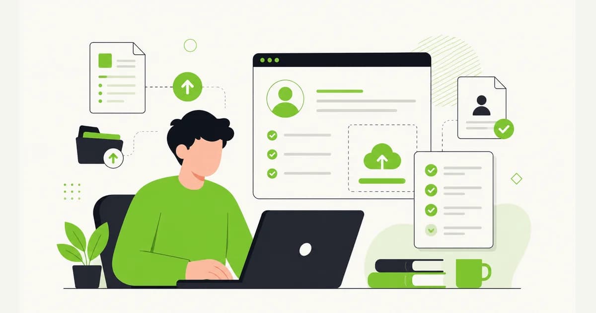 Ilustrasi mahasiswa mendaftar program magang secara daring lewat laptop dengan ikon dokumen dan formulir digital
