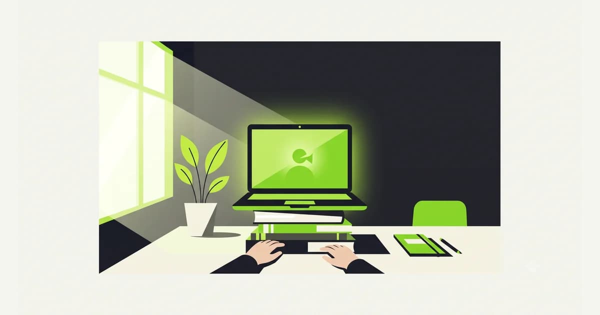 Ilustrasi penataan interview online: laptop sejajar mata di atas tumpukan buku, jendela di depan sebagai sumber cahaya, dinding polos sebagai latar