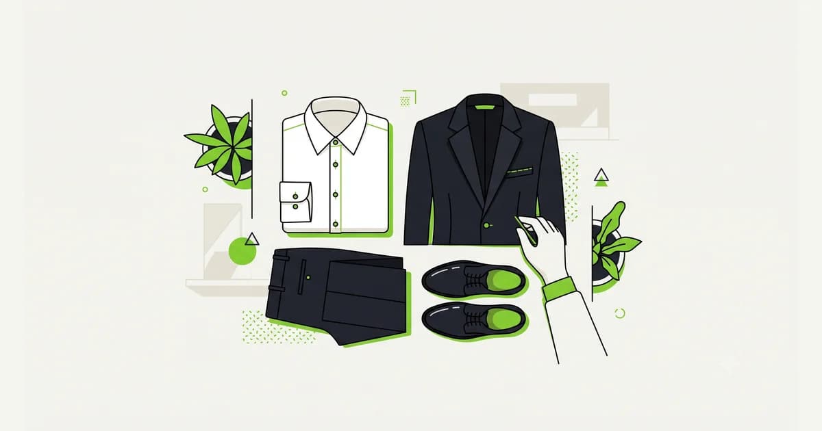 Ilustrasi pakaian interview kerja: kemeja polos, celana bahan, blazer, dan sepatu pantofel tertata rapi