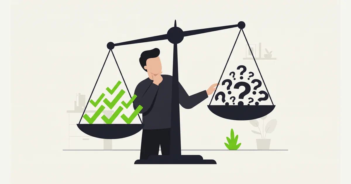 Ilustrasi seseorang menimbang sinyal positif dan netral setelah interview, digambarkan lewat simbol tanda tanya dan tanda centang di atas timbangan